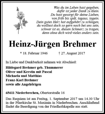 Traueranzeige von Heinz-Jürgen Brehmer von  Camberger Anzeiger
