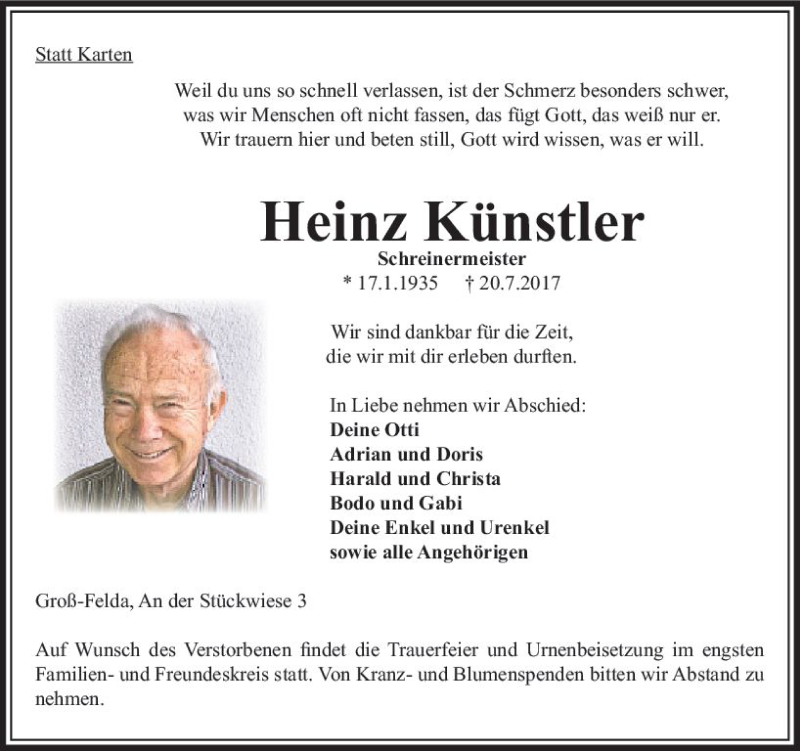  Traueranzeige für Heinz Künstler vom 05.08.2017 aus VRM Trauer