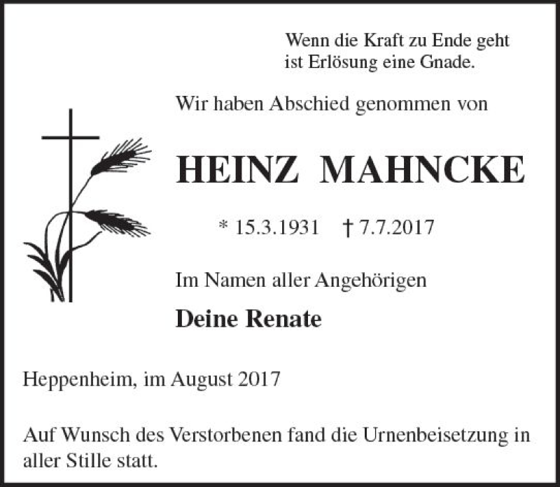  Traueranzeige für Heinz Mahncke vom 01.08.2017 aus Trauerportal Echo Online