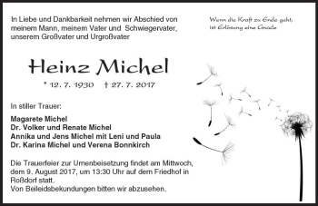 Traueranzeige von Heinz Michel von Trauerportal Echo Online