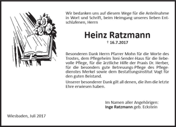 Traueranzeige von Heinz Ratzmann von Trauerportal Rhein Main Presse