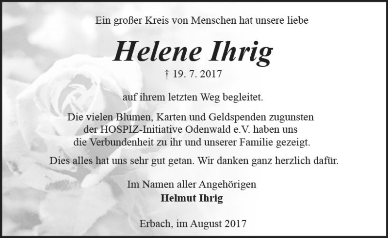  Traueranzeige für Helene Ihrig vom 26.08.2017 aus Trauerportal Echo Online