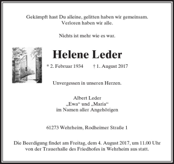 Traueranzeige von Helene Leder von  Usinger Anzeiger