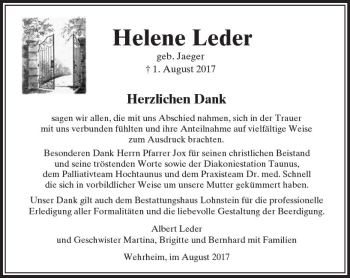 Traueranzeige von Helene Leder von  Usinger Anzeiger
