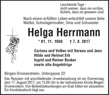 Traueranzeige von Helga Herrmann von Trauerportal Rhein Main Presse