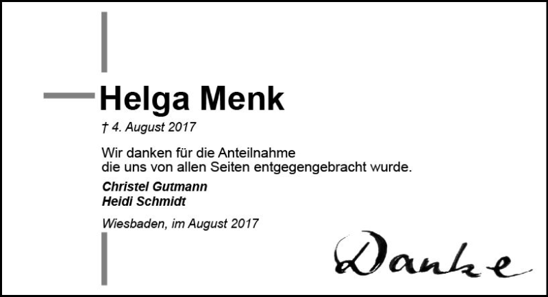  Traueranzeige für Helga Menk vom 26.08.2017 aus Trauerportal Rhein Main Presse
