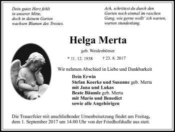 Traueranzeige von Helga Merta von VRM Trauer