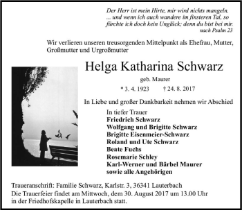 Traueranzeige von Helga Katharina Schwarz von VRM Trauer