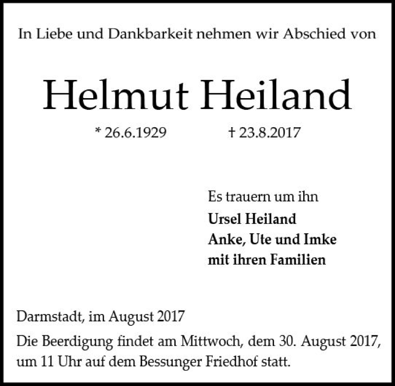  Traueranzeige für Helmut Heiland vom 26.08.2017 aus Trauerportal Echo Online