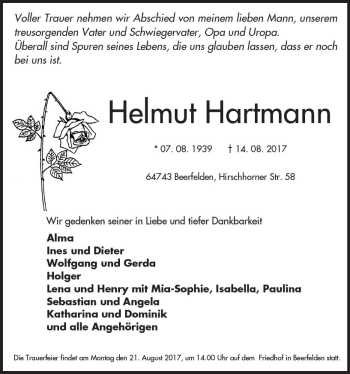 Traueranzeige von Helmuth Hartmann von Trauerportal Echo Online
