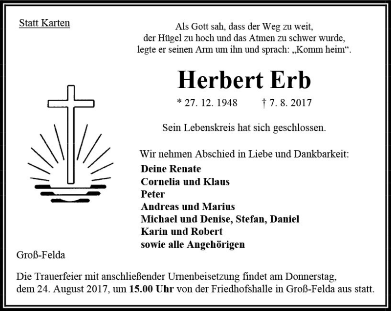  Traueranzeige für Herbert Erb vom 19.08.2017 aus VRM Trauer