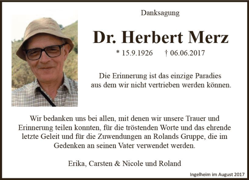  Traueranzeige für Herbert Merz vom 19.08.2017 aus Trauerportal Rhein Main Presse
