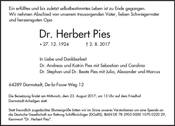 Traueranzeige von Herbert Pies von Trauerportal Echo Online