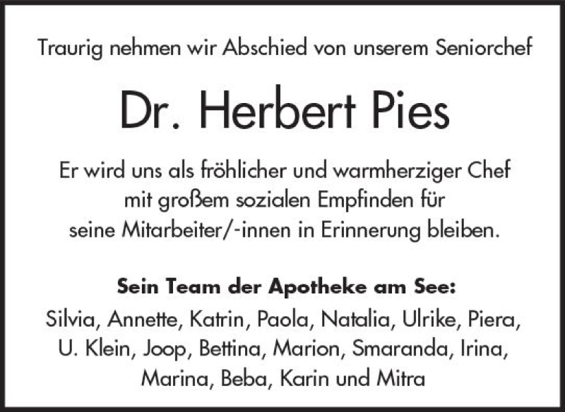  Traueranzeige für Herbert Pies vom 12.08.2017 aus Trauerportal Echo Online