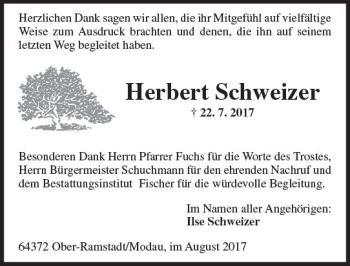 Traueranzeige von Herbert Schweizer von Trauerportal Echo Online