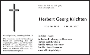 Traueranzeige von Herbert Georg Krichten von Trauerportal Rhein Main Presse