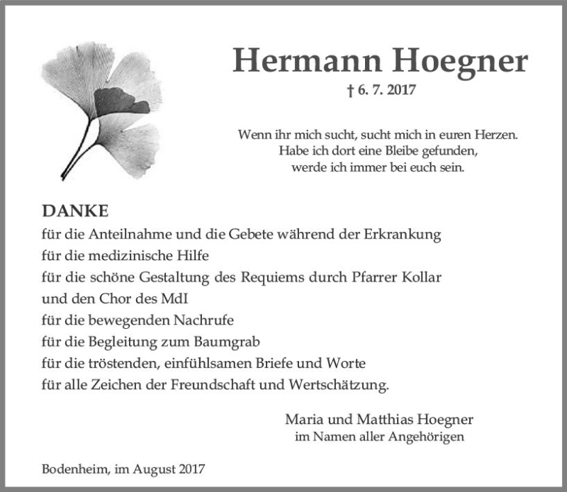  Traueranzeige für Hermann Hoegner vom 19.08.2017 aus Trauerportal Rhein Main Presse