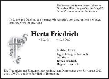 Traueranzeige von Herta Friedrich von Trauerportal Echo Online