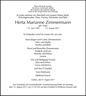Traueranzeige von Herta Marianne Zimmermann von  Gießener Anzeiger