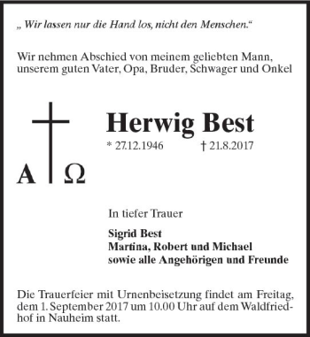 Traueranzeige von Herwig Best von Trauerportal Rhein Main Presse