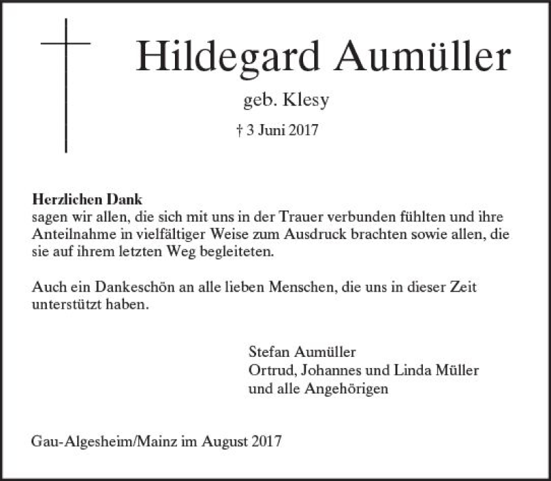  Traueranzeige für Hildegard Aumüller vom 26.08.2017 aus Trauerportal Rhein Main Presse