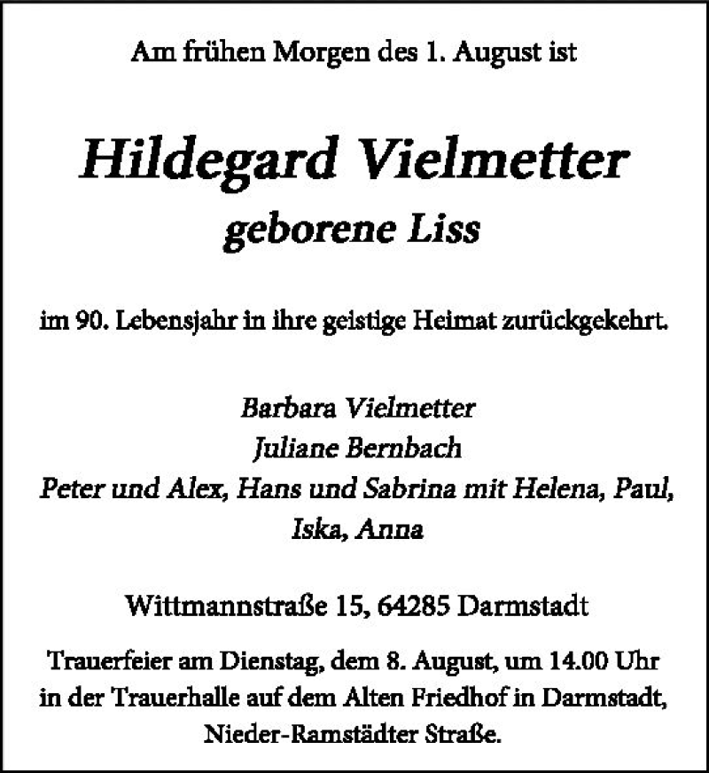  Traueranzeige für Hildegard Vielmetier vom 05.08.2017 aus Trauerportal Echo Online