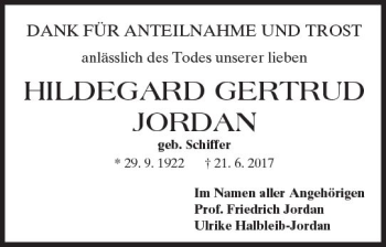Traueranzeige von Hildegard Gertrud Jordan von Trauerportal Rhein Main Presse