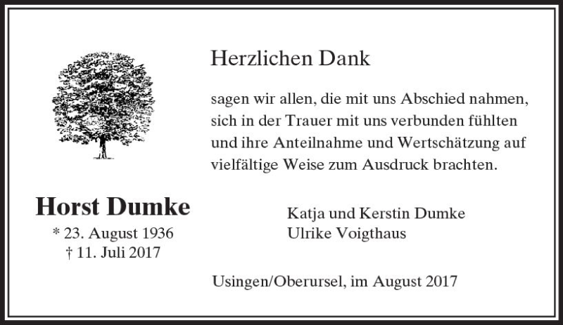  Traueranzeige für Horst Dumke vom 19.08.2017 aus  Usinger Anzeiger
