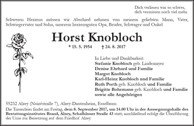  Traueranzeige für Horst Knobloch vom 26.08.2017 aus Trauerportal Rhein Main Presse
