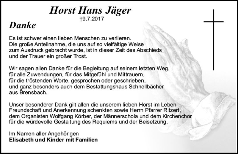  Traueranzeige für Horst Hans Jäger vom 05.08.2017 aus Trauerportal Echo Online