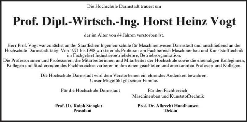  Traueranzeige für Horst Heinz Vogt vom 26.08.2017 aus Trauerportal Echo Online