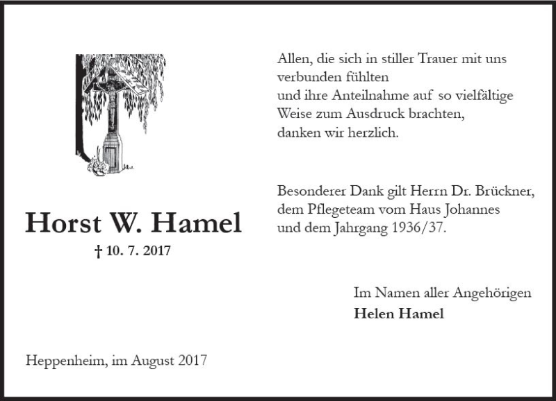  Traueranzeige für Horst W. Hamel vom 25.08.2017 aus Trauerportal Echo Online