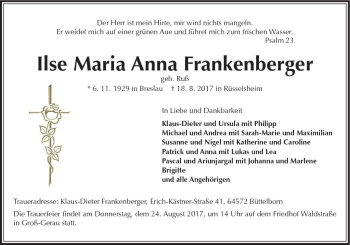 Traueranzeige von Ilse Maria Anna Frankenberger von Trauerportal Echo Online