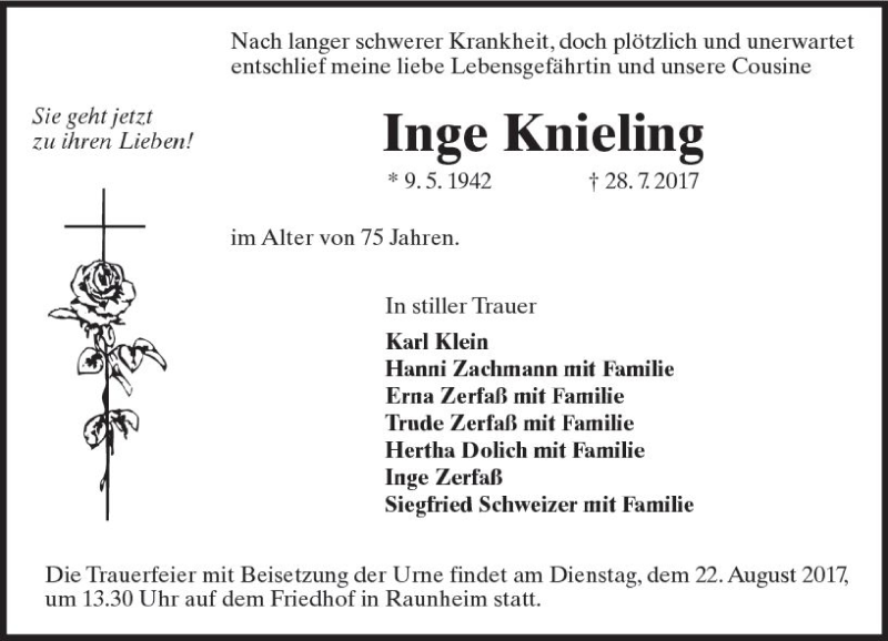  Traueranzeige für Inge Knieling vom 18.08.2017 aus Trauerportal Rhein Main Presse