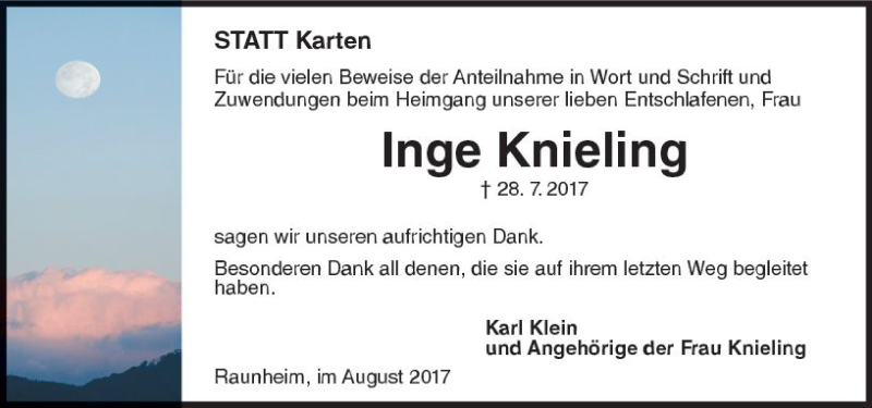  Traueranzeige für Inge Knieling vom 26.08.2017 aus Trauerportal Rhein Main Presse