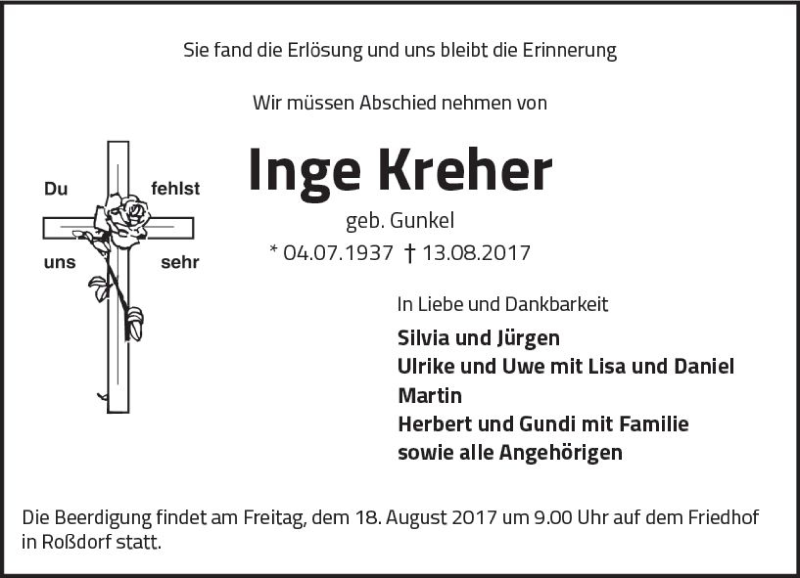  Traueranzeige für Inge Kreher vom 16.08.2017 aus Trauerportal Echo Online