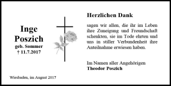 Traueranzeige von Inge Poszich von Trauerportal Rhein Main Presse