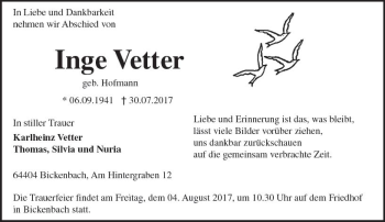 Traueranzeige von Inge Vetter von Trauerportal Echo Online