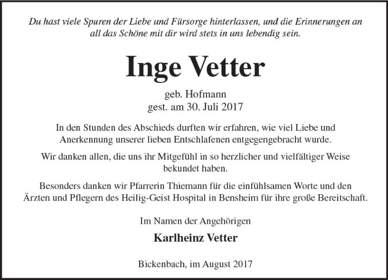  Traueranzeige für Inge Vetter vom 26.08.2017 aus Trauerportal Echo Online