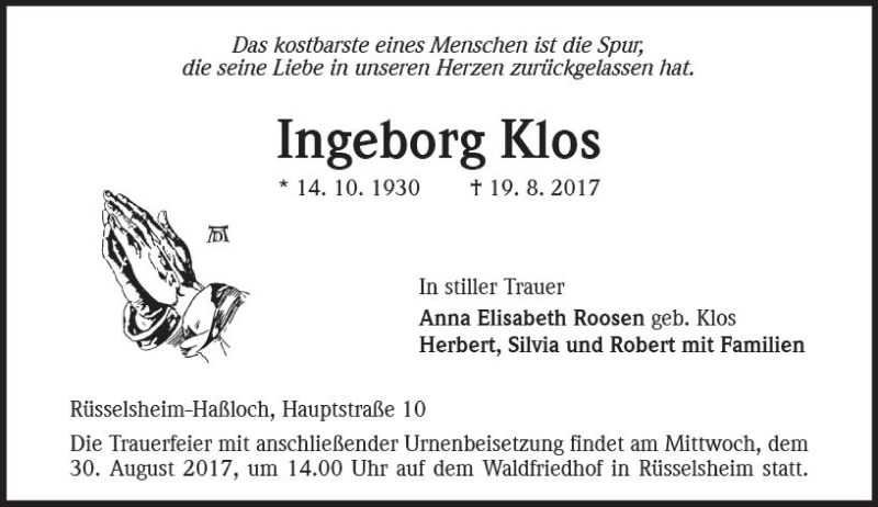  Traueranzeige für Ingeborg Klos vom 26.08.2017 aus Trauerportal Rhein Main Presse