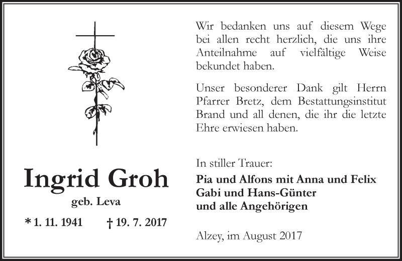  Traueranzeige für Ingrid Groh vom 30.08.2017 aus Trauerportal Rhein Main Presse