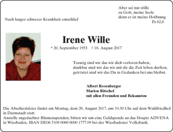 Traueranzeige von Irene Wille von Trauerportal Echo Online