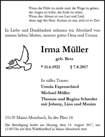 Traueranzeige von Irma Müller von Trauerportal Rhein Main Presse