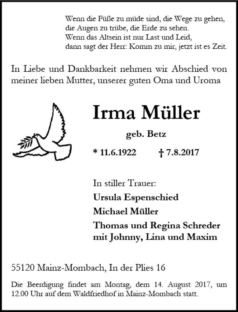  Traueranzeige für Irma Müller vom 12.08.2017 aus Trauerportal Rhein Main Presse