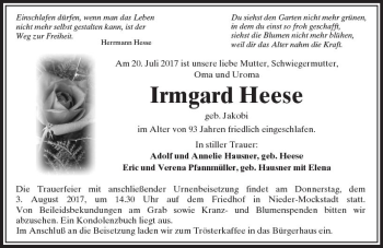 Traueranzeige von Irmgard Heese von  Kreisanzeiger