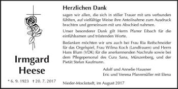 Traueranzeige von Irmgard Heese von  Kreisanzeiger