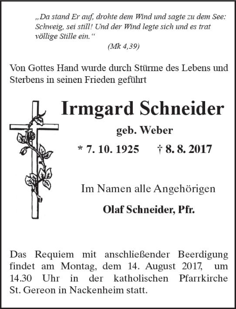  Traueranzeige für Irmgard Schneider vom 12.08.2017 aus Trauerportal Rhein Main Presse