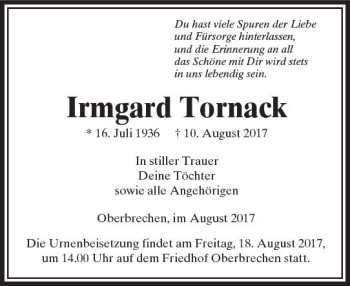 Traueranzeige von Irmgard Tornack von  Camberger Anzeiger