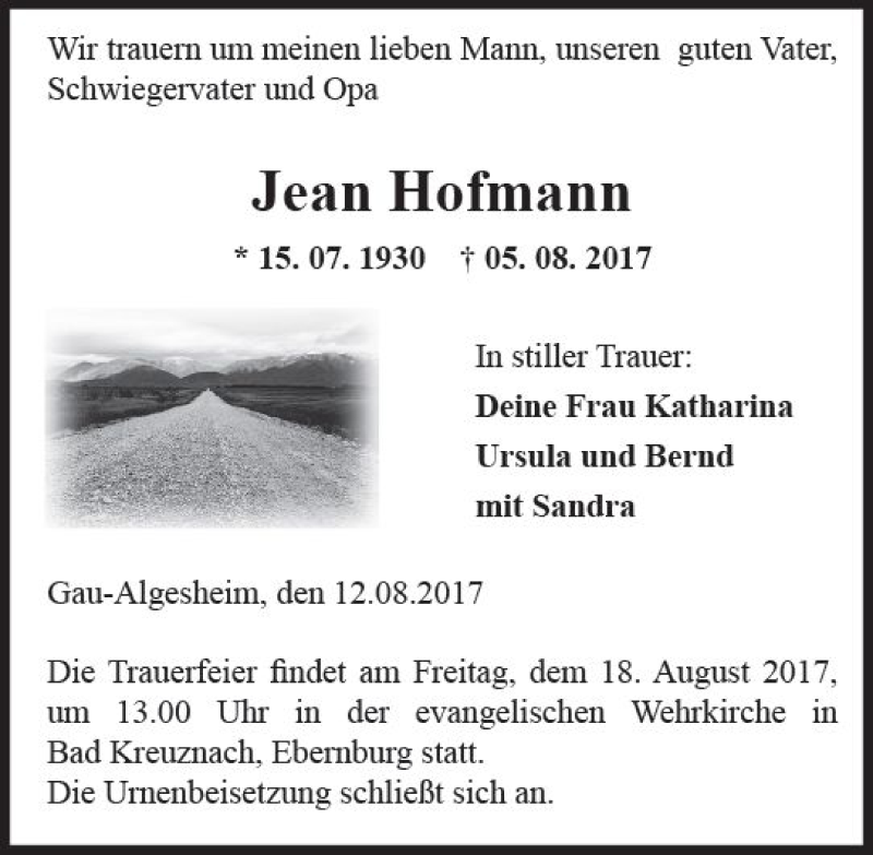  Traueranzeige für Jean Hofmann vom 12.08.2017 aus Trauerportal Rhein Main Presse