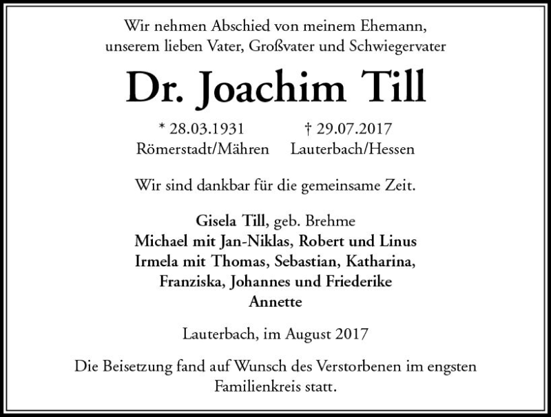  Traueranzeige für Joachim Till vom 14.08.2017 aus VRM Trauer